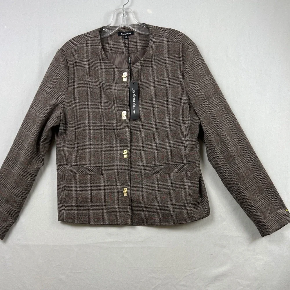 Athena Marie Plaid Blazer Women 12 Brown Gold Turn Lock Collarless Jacket NEW